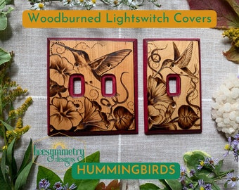 Hummingbird Lightswitch Covers Wood burned wall plate Wooden home decor pyrography light switch with morning glories