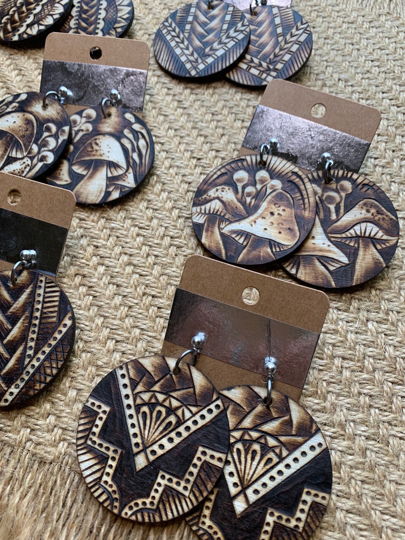 OOAK Free Shipping! Woodburned Earrings ~ Wood Circle Drop Earrings Boho Style