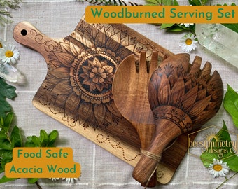 Woodburned Serving Set, Acacia Wood Salad Servers and Charcuterie Board with botanical floral designs