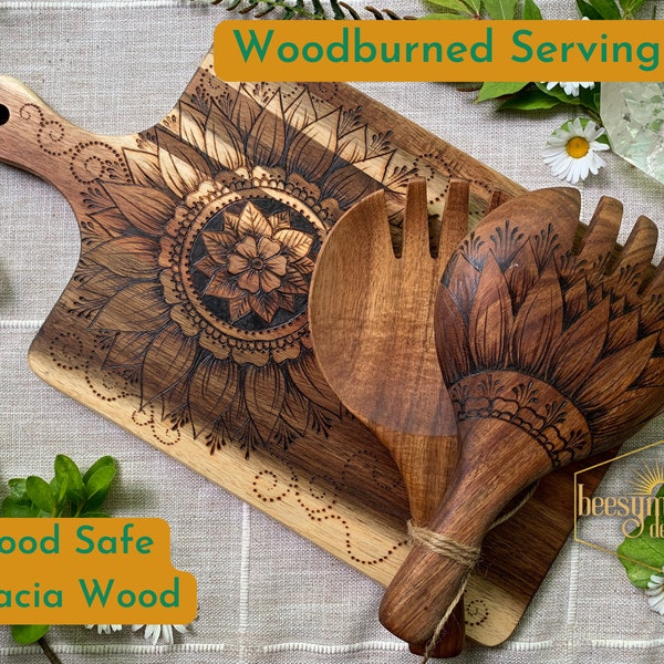 Woodburned Serving Set, Acacia Wood Salad Servers and Charcuterie Board with botanical floral designs