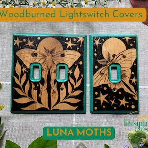 Luna Moth Lightswitch Covers Wood burned wall plate Wooden home decor pyrography light switch