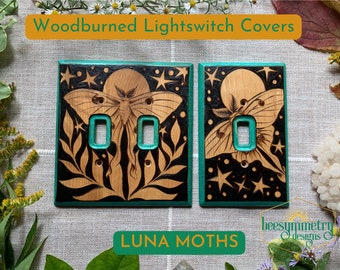 Luna Moth Lightswitch Covers Wood burned wall plate Wooden home decor pyrography light switch