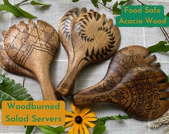 Woodburned Salad Servers, Acacia Wood Salad Scoops, Dark brown wooden Large Tongs with mandala and fern designs