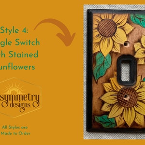 Lightswitch Covers Wood burned with oak leaves, sunflowers, earthy art deco designs Wooden Wall plate with pyrography light switch Style 4