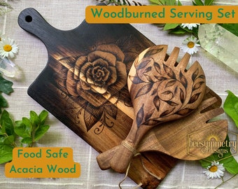 Woodburned Serving Set, Acacia Wood Salad Servers and Charcuterie Board with botanical floral designs