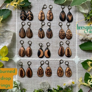 Wood Teardrop Earrings Geometric Designs Woodburned Drop Lightweight Simple Dangle Wooden Earrings Boho Pyrography image 1