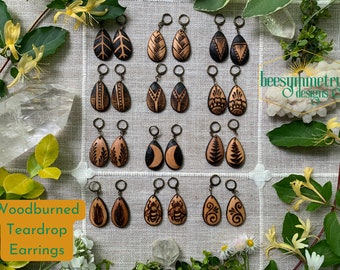 Wood Teardrop Earrings Geometric Designs Woodburned Drop Lightweight Simple Dangle Wooden Earrings Boho Pyrography