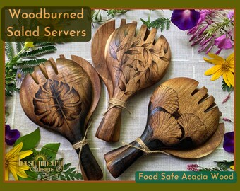 Woodburned Salad Servers, Acacia Wood Salad Scoops, Dark brown wooden Large Tongs with LEAF and PLANT monstera ginkgo designs