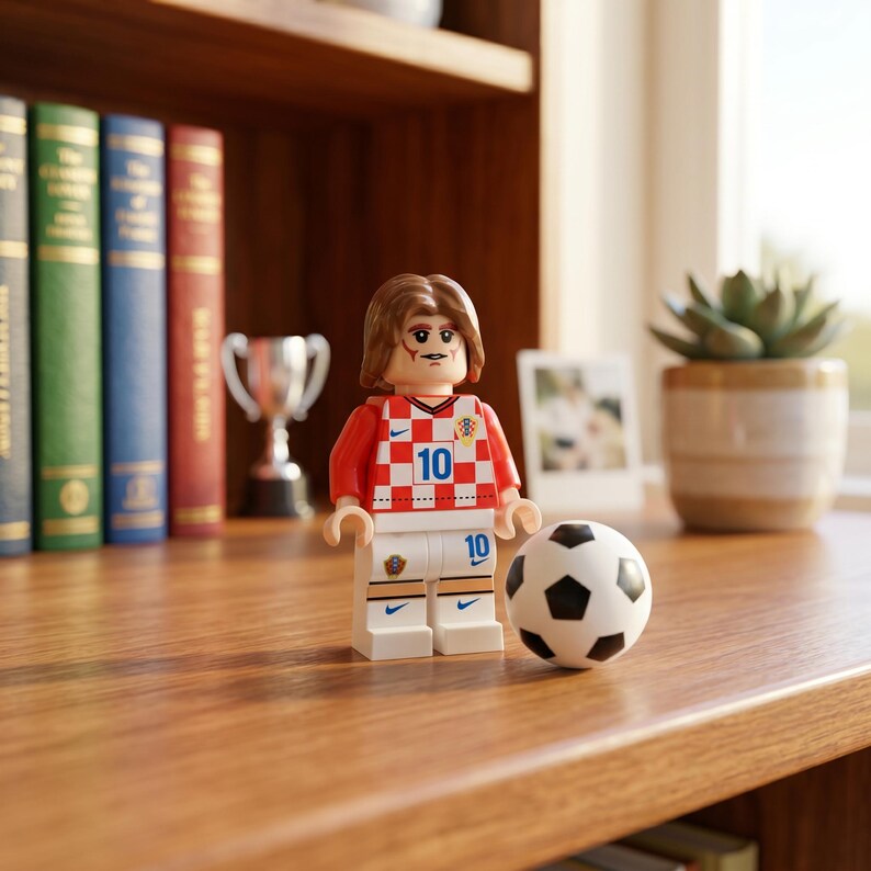May include: A plastic minifigure wearing a red and white checkered soccer jersey with the number 10 in blue, white shorts with the number 10, and brown hair. A black and white soccer ball sits on the surface directly in front of the minifigure.