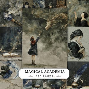 May include: A 120-page Magical Academia journal featuring a collection of fantasy-themed illustrations including a person casting a spell at a dragon, a quill pen, an open book with glowing particles, and various wizard-inspired scenes in muted tones.