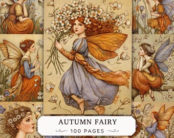 以下が含まれることがあります： AUTUMN FAIRY 100 PAGESというタイトルのブックカバー。中央には赤い髪とオレンジ色の羽を持ち、白い花の大きな花束を持つ妖精のイラストが描かれ、その周囲にはオレンジ色や青色の服を着た妖精たちの小さなビネットが配置されています。