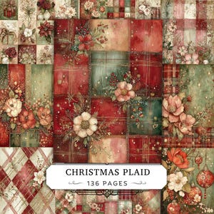 Op de afbeelding: Een collectie decoratieve vellen papier met een kerstruitpatroon in tinten rood, groen en crème, geaccentueerd met bloemillustraties, bessen en dennentakken. De omslag toont de tekst CHRISTMAS PLAID 136 PAGES.