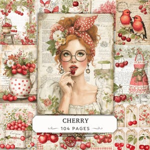Op de afbeelding: Een collage van kersenthema-illustraties met een centraal portret van een persoon met rood haar, een hoofddoek met stippen en een ronde bril, omringd door kersen, vogels, bloemmotieven en een rood schort op een achtergrond van vintage papier.