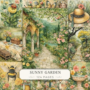 May include: A collage of garden-themed illustrations featuring a stone path, a straw hat, a picnic table, a bumblebee, and a ladybug. The central label reads SUNNY GARDEN 124 PAGES. The artwork displays vibrant flowers, greenery, and a birdbath.