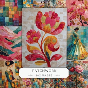 Könnte beinhalten: Eine digitale Collage mit einer großen, stilisierten Blume in Rot-, Rosa- und Goldtönen vor einem hellen, karierten Hintergrund. Die umliegenden Felder zeigen verschiedene Patchwork-Muster, florale Motive und eine Figur in einem bunten Kleid.