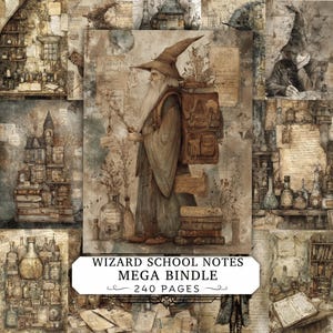 Könnte beinhalten: Eine digitale Collage mit einem Zauberer mit langem Bart und spitzem Hut, umgeben von Illustrationen von Zaubertrankflaschen, gestapelten Büchern und einem Schloss. Der Text lautet WIZARD SCHOOL NOTES MEGA BINDLE 240 PAGES.