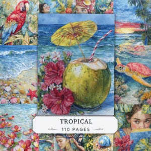 Könnte beinhalten: Eine Collage aus tropischen Aquarellillustrationen mit einem Kokosnussgetränk, einem gelben Schirmchen und rotem Strohhalm, einem roten Papagei, einer Meeresschildkröte, einem Strandsonnenuntergang und Hibiskusblüten. Der Text lautet TROPICAL 110 PAGES.