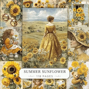 Peut inclure: Un collage d'illustrations sur le thème des tournesols montrant une personne en robe jaune dans un champ, une personne aux cheveux bouclés, un ours en peluche et des lunettes. Le texte central indique SUMMER SUNFLOWER 118 PAGES sur une étiquette.
