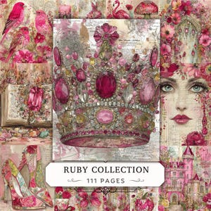 Op de afbeelding: Een digitale collage met een centrale kroon bezet met roze en heldere stenen, omringd door afbeeldingen van vogels, een boek, een vrouwengezicht, een kasteel en hoge hakken, met de tekst RUBY COLLECTION 111 PAGES in het midden onderaan.