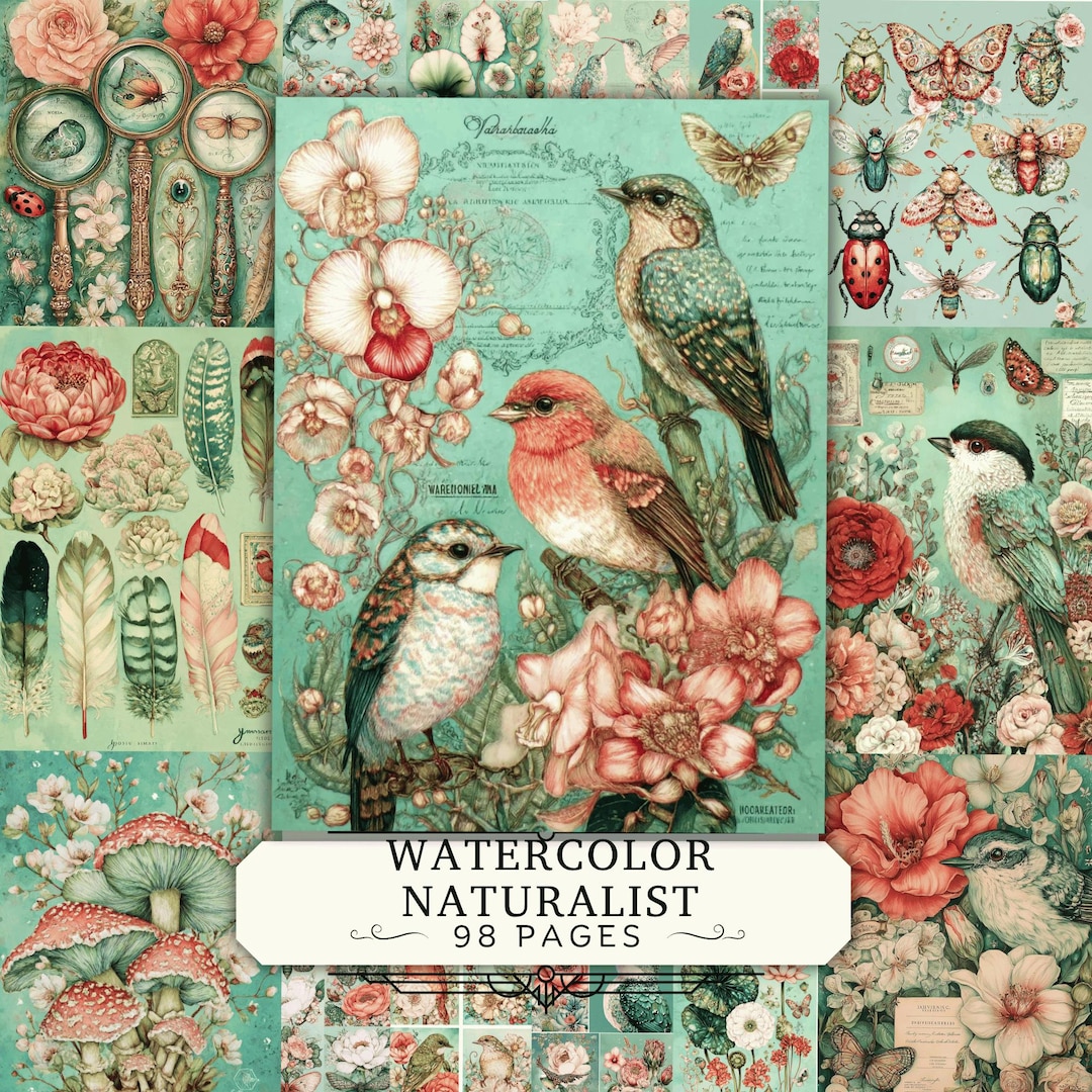 Printable Insect Journal Watercolor Naturalist Junk Journal Kit, 98 Printable Pages, Birds ...