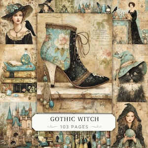 Pode incluir: Uma colagem com uma ilustração central de uma bota de amarrar com padrão floral azul e preto, rodeada por imagens de uma pessoa com chapéu, um gato preto com chapéu de bruxa, um castelo e livros. O texto diz GOTHIC WITCH 103 PAGES.