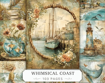 Whimsical Coast Junk Journal Pages, Coastal Printable Paper Bundle, Vintage Seaside Fantasy Ephemera, Lighthouse Scrapbook Beach Download