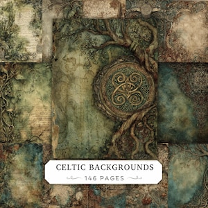 May include: A collection of digital paper backgrounds featuring Celtic-inspired motifs, intricate tree branches, and weathered parchment textures in shades of green, brown, and blue. The text CELTIC BACKGROUNDS 146 PAGES is centered at the bottom.