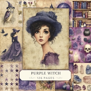 Peut inclure: Un livre Purple Witch de 126 pages présentant un collage d'illustrations incluant une personne avec un chapeau bleu, un hibou, une silhouette en robe violette, des étagères, des cristaux, un crâne et des étoiles sur un fond papier vintage.