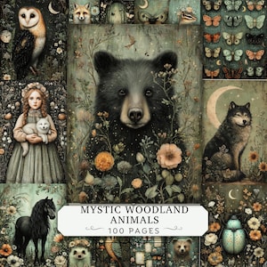 May include: A collage of illustrations featuring a black bear, owl, wolf, horse, and various insects and flowers. The central text reads MYSTIC WOODLAND ANIMALS 100 PAGES. The artwork displays a muted color palette with earthy tones and botanical details.
