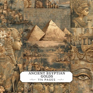 May include: A digital collage featuring Ancient Egyptian motifs in gold and blue tones, including pyramids, a pharaoh, a cat, a carriage, and hieroglyphic-style text. A central white label displays the text ANCIENT EGYPTIAN GOLDS 114 PAGES.