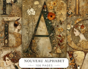 May include: A digital collection titled NOUVEAU ALPHABET 106 PAGES featuring ornate, vintage-style letters decorated with intricate floral patterns, gold leaf textures, and detailed portraits of women in period attire, set against a weathered background.