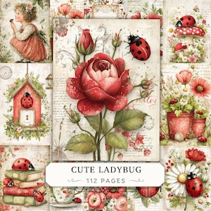 Könnte beinhalten: Eine Sammlung von 112 Seiten mit Illustrationen im Vintage-Stil von Marienkäfern, roten Rosen, Gänseblümchen und Mohnblumen. Die Seiten zeigen Bilder eines Kindes, eines Vogelhauses, gestapelter Bücher und Blumentöpfe auf Schrifttext.
