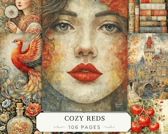 May include: A collage of artistic illustrations featuring a central portrait of a person with red lips, a phoenix, a stack of vintage books, a castle, a glass bottle, and tomatoes, with the text COZY REDS 106 PAGES centered at the bottom.
