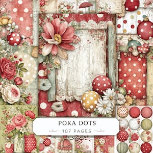 Páginas para diário de recortes com estampa de bolinhas, papel de fundo digital floral vermelho, estampas de bolinhas estilo shabby chic, pacote de recortes vintage.