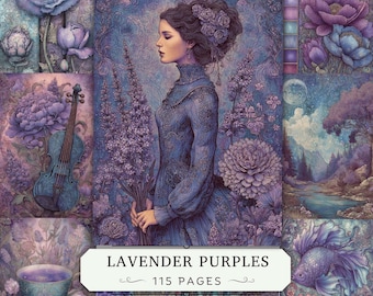 May include: A collage of purple-themed illustrations featuring a person in a high-collared dress, a violin, a teacup, a fish, and floral patterns. A central white label displays the text "LAVENDER PURPLES" and "115 PAGES" in black lettering.