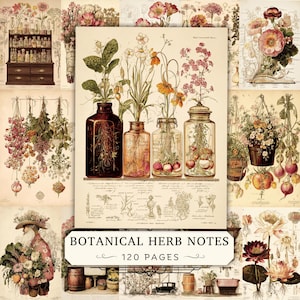 Botanical Herb Notes Journal, 120 Printable JPG Pages, Vintage Herbarium Art, Rustic Dried Floral Apothecary Ephemera & Illustrations,