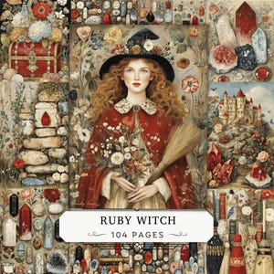 Ruby Witch Junk Journal Kit, utskrivbar fantasiröd kristallhäxa, höstens botaniska efemera, digitala papper med magiska ädelstenar, 104 JPEG-sidor