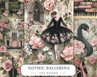 May include: A collage featuring a ballerina in a black dress surrounded by pink roses, a black swan, a violin, and architectural elements. The text reads GOTHIC BALLERINA 102 PAGES. The design includes ballet slippers and piano keys in a soft color palette.