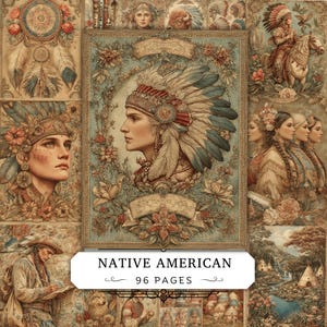Könnte beinhalten: Ein 96-seitiges Buch mit dem Titel NATIVE AMERICAN, das eine Sammlung von Illustrationen im Vintage-Stil enthält. Das Cover zeigt ein Profilporträt einer Person mit einem großen Federschmuck, umgeben von Blumenmotiven und dekorativen Bannern.