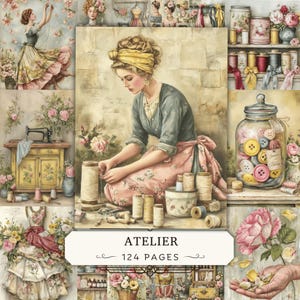 Puede incluir: Un collage de ilustraciones de estilo vintage que muestra a una persona cosiendo, un frasco de vidrio lleno de botones de colores, arreglos florales y artículos de costura. La imagen central muestra a una persona con un pañuelo amarillo. Texto: ATELIER 124 PAGES.