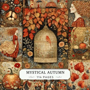 May include: A collage of autumn-themed illustrations featuring a birdcage with a red bird, a person with long red hair, pumpkins, a wheelbarrow, a bird nest with eggs, and foliage. A white label at the bottom reads MYSTICAL AUTUMN 114 PAGES.