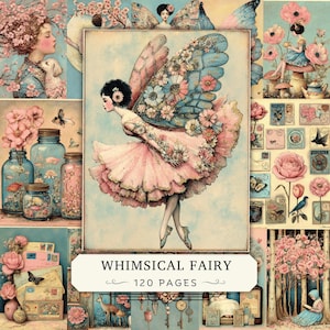 Whimsical Fairy Junk Journal Pages, Fairytale Printable Paper Bundle, Pink Blue Fantasy Ephemera, Vintage Floral Scrapbook, Digital Download