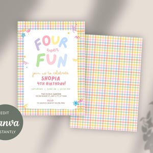 Pode incluir: Um cartão de convite de aniversário retangular com uma borda xadrez em tons pastel de amarelo, rosa, azul e verde. O texto diz FOUR EVER FUN, join us to celebrate SHOPIA 4TH BIRTHDAY, com detalhes do evento e verso xadrez correspondente.