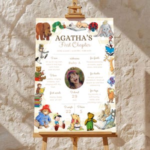 May include: A rectangular milestone sign titled Agatha's First Chapter featuring a central oval photo of a child surrounded by illustrations of classic storybook characters including a brown bear, caterpillar, Dumbo, and Winnie the Pooh.