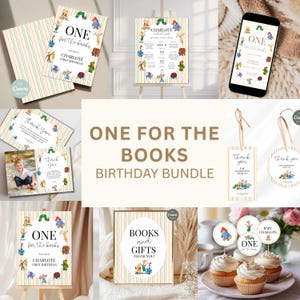 May include: A birthday party stationery bundle featuring a colorful vertical striped pattern and illustrations of storybook characters. The set includes invitations, thank you cards, signage, gift tags, and cupcake toppers with text.