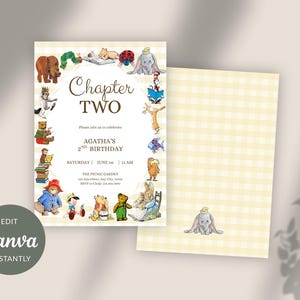 Pode incluir: Um cartão de convite de aniversário com padrão xadrez vichy amarelo claro e ilustrações em aquarela de vários personagens de contos. O texto diz Chapter TWO, Please join us to celebrate, AGATHA'S 2ND BIRTHDAY, SATURDAY | JUNE 06 | 11 AM, THE PICNIC GARDEN, 123 Anywhere, Any City, 12345, RSVP to Cindy 123.456.7890.