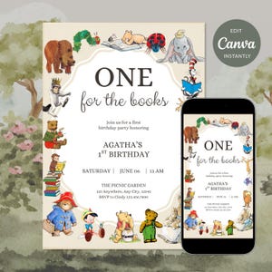 Pode incluir: Um convite para o primeiro aniversário com personagens clássicos de contos como um urso pardo, uma lagarta e o Ursinho Pooh. O texto diz ONE for the books, Agatha's 1st Birthday, Saturday, June 06, 11 AM, The Picnic Garden, 123 Anywhere, Any City, 12345, RSVP to Cindy 123.456.7890. Um smartphone exibe o mesmo design.