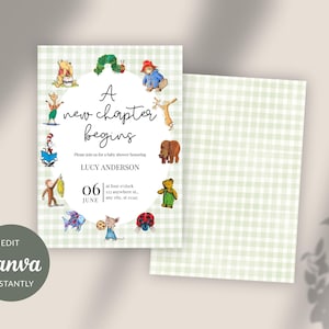 May include: A baby shower invitation card featuring a light green gingham pattern and various watercolor storybook character illustrations surrounding the text A new chapter begins, Please join us for a baby shower honoring LUCY ANDERSON 06 JUNE.