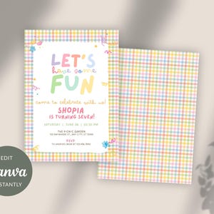 May include: A rectangular birthday invitation card featuring a pastel plaid border in yellow, pink, blue, and green. The center text reads: LET'S HAVE SOME FUN, come to celebrate with us! SHOPIA IS TURNING SEVEN! SATURDAY | JUNE 08 | 02:30 PM.