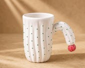 Handmade White Cactus Ceramic Mug, Sculptural Coffee Cup, Botanical Gift (400ml)